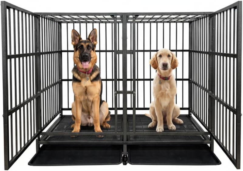 54 Inch Heavy Duty Dog Crate Cage with Divider, Indestructible and Escape Proof Steel Kennel Indoor for 2 High Anxiety Dogs with Sturdy Locks, Double Door and Tray, Extra Large XL XXL