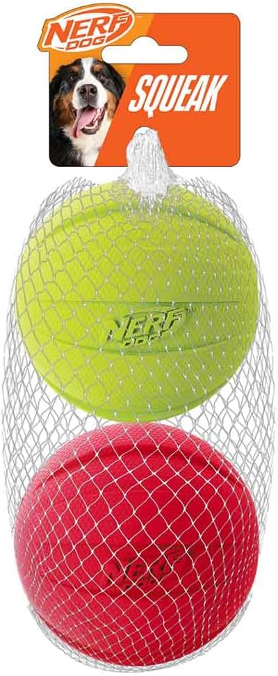 Nerf Dog Classic Squeak Ball Outdoor Dog Toys, 3.8 Inch Dog Ball Fetch Toy, Squeaking Toy for Medium and Large Breeds, Green/Red, 2 Count