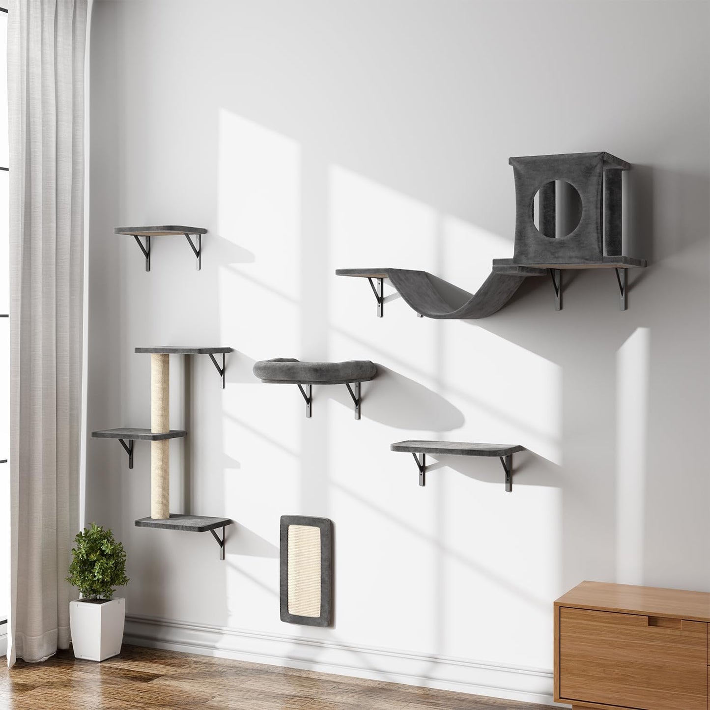 NUNU LAB Wall Mounted Cat Climber Set, 6 Pcs Cat Furniture Set with House, Bridge, Steps, Scratcher Board and Hammock, Shelves for Indoor, Luxury Walls Furniture(Dark Grey)