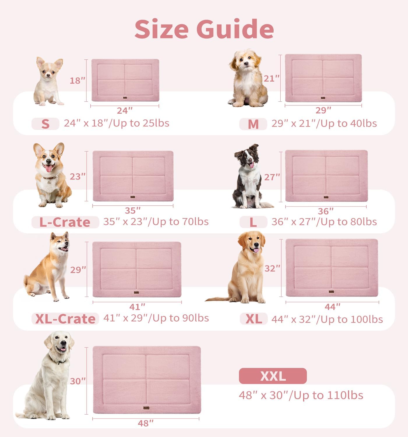 MADE 4 PETS Dog Crate Pad Bed for Large Dogs, Washable & Reversible, Anti-Slip Kennel Mat for Cozy Sleeping, Soft Fluffy Dog Bed for Indoor & Outdoor Use, 44"x32", Pink