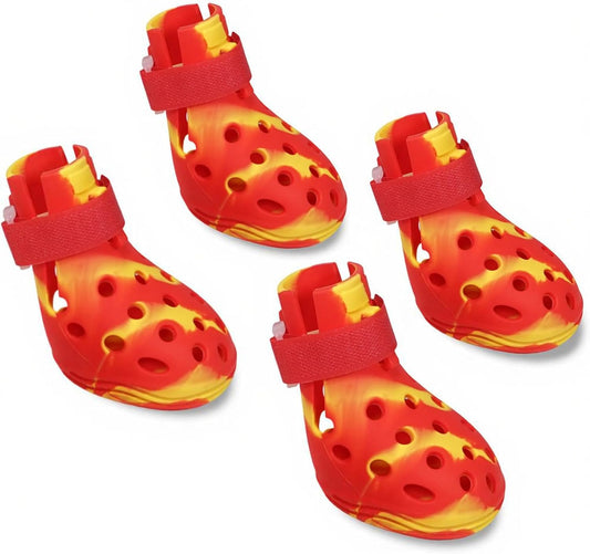 Dog Shoes for Hot Pavement and Snow, Silicone Dog Booties for Small Medium Large Dogs, Waterproof Paw Protectors- Non-Slip, Adjustable Straps, Dog Boots for Beach/Rain/Hiking (Yellow Red, S)