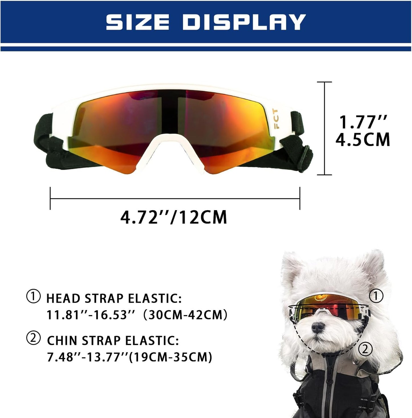 Dog Goggles for Small to Medium Breed, Dog Sunglasses UV Protection, Windproof & Anti-Fog, Puppy Sunglasses with Padded Frame and Adjustable Straps for Outdoor Riding, Driving（White）
