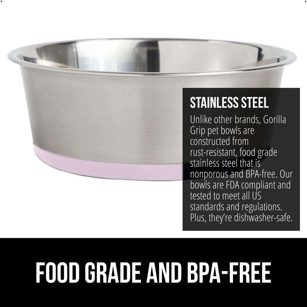 GORILLA GRIP Set of 2 Dog Bowls, Heavy Duty Metal Food and Water Bowl for Feeding Dogs and Cats, Dishwasher Safe, Rust Resistant Stainless Steel, BPA Free Rubber Base, Holds 2 Cups (16 fl oz), Lt Pink