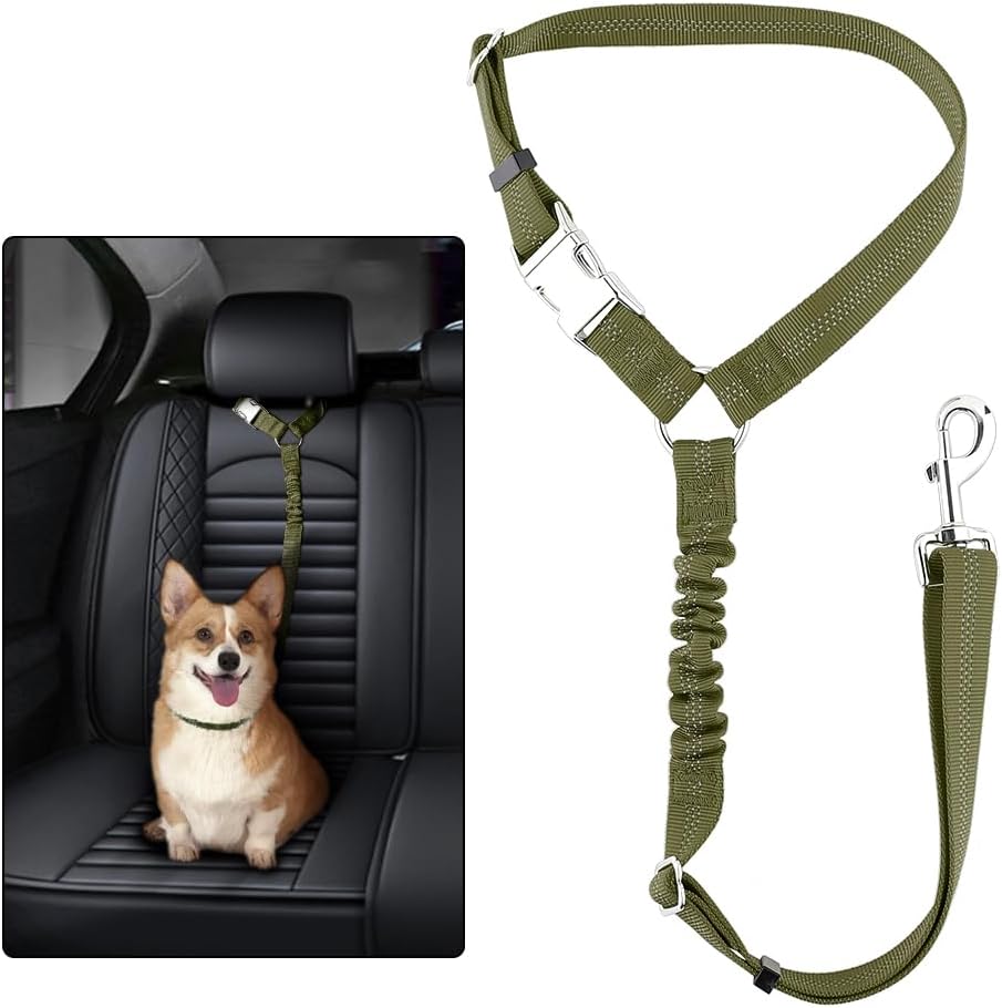 Plutus Pet Dog Seat Belt for Car Headrest, Reflective and Adjustable Restraint with Elastic Bungee for Safety, Vehicle Seatbelt Harness for Small Medium Large Dogs and Cats, Ranger Green