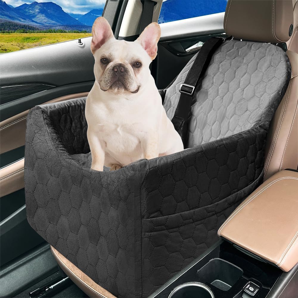 Dog Car Seat for Small/Medium Dogs - Dog Booster Seat with Safety Straps & Non-Slip Base, Travel Pet Car Seat with Storage Pockets, Washable & Removable, Suitable for Dogs Under 35 lbs (Black&Gray)
