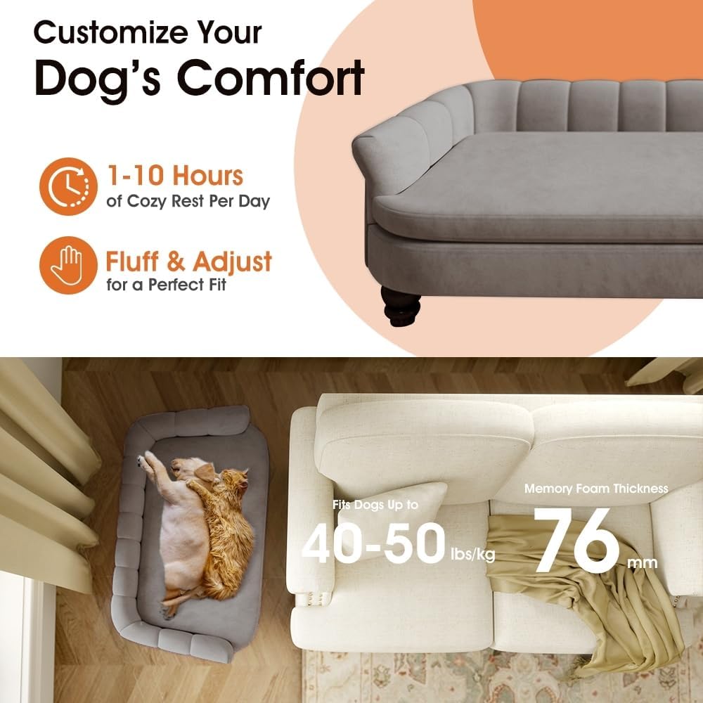 Dog Couch Sofa Bed, Comfortable Pet Sofa for Large and Medium Dogs, Soft Velvet Cushion, Durable Pet Furniture for Living Room, Washable Dog Bed for Couch 40.16‘’ (Gray)