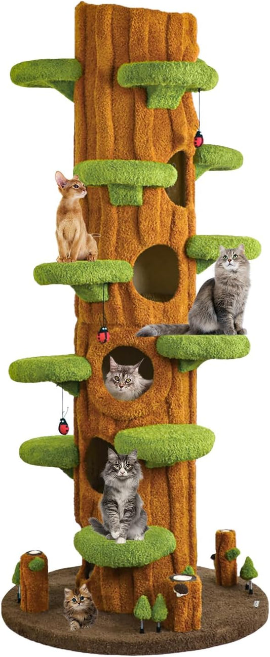90.5'' Luxury Cat Tree for Indoor Cats, All-in-One Tall Cat Tower with Scratching Post, Multi-Level House, Wood Condo for Multi-Cat Families (Green)