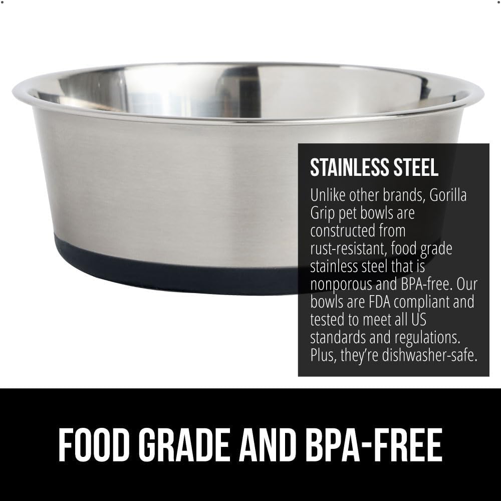 GORILLA GRIP Set of 2 Dog Bowls, Holds 4 Cups (32 fl oz), Heavy Duty Metal Food and Water Bowl for Feeding Dogs and Cats, Dishwasher Safe, Rust Resistant Stainless Steel, BPA Free Rubber Base, Black
