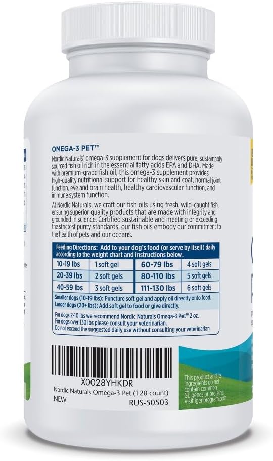 Nordic Naturals Omega-3 Pet, Unflavored - 120 Soft Gels - 330 mg Omega-3 Per Soft Gel - Fish Oil for Dogs with EPA & DHA - Promotes Heart, Skin, Coat, & Immune Health