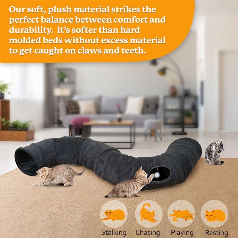 R1M Cat Tunnel Bed for Indoor Cats, Cute Cat Donut Tunnel Toys for Small, Larger Cats with Two Fish Cat Toys, Round Pet Peekaboo Cave Toy for Kitten, Dark Grey