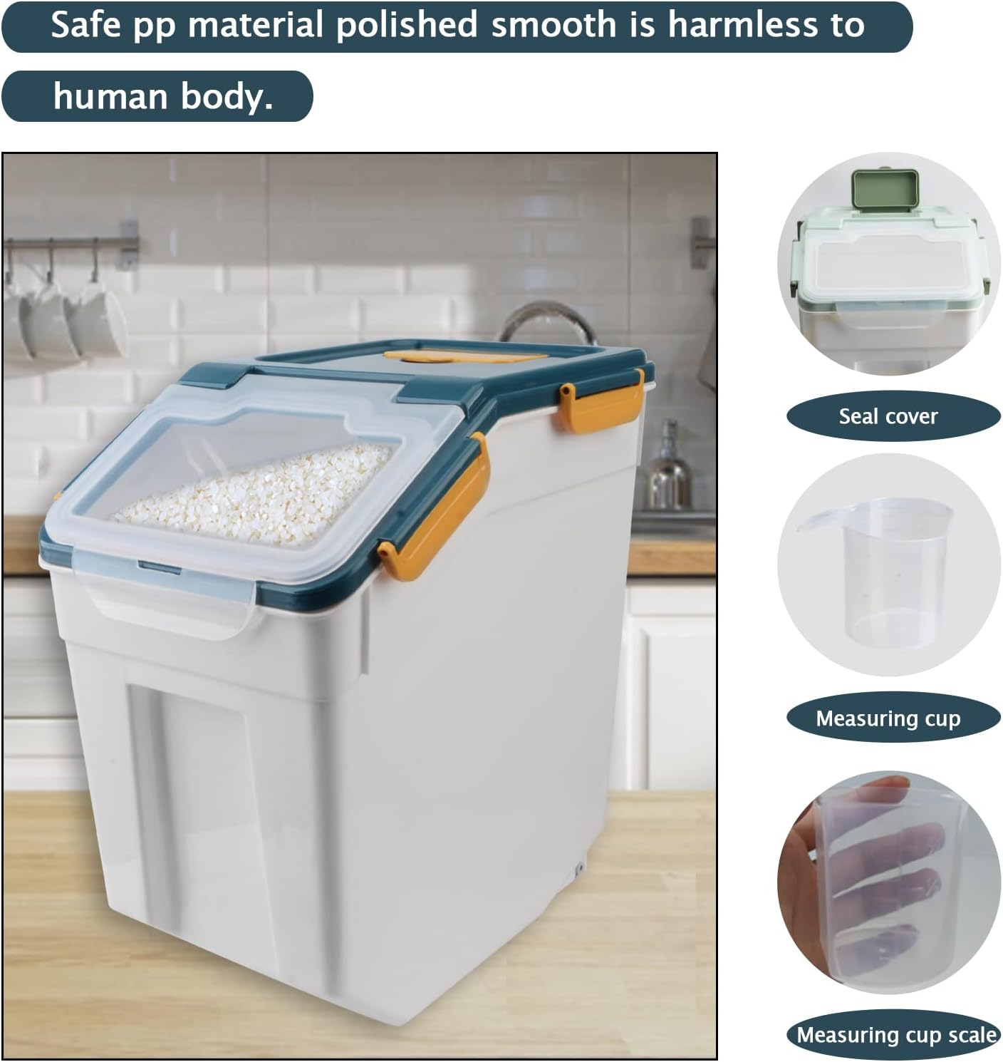 AnRui Dog Food Storage Container with Scoop, Large Airtight Plastic Pet Dog Cat Dry Food Bin, Cereal Grain Organizer Box for Rice, Flour, Snack, Baking Supplies, Kitchen Pantry, Blue