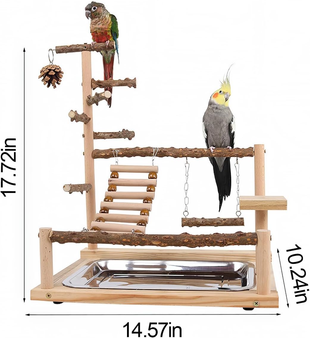 Bird Playground, Parrot Perch Stand, Natural Wood Bird Play Stands for Cockatiel Wood Perch Gym Playpen Ladder with Removable Tray and 2 Stainless Steel Cups, Bird Cage Accessories, Parrot Swing