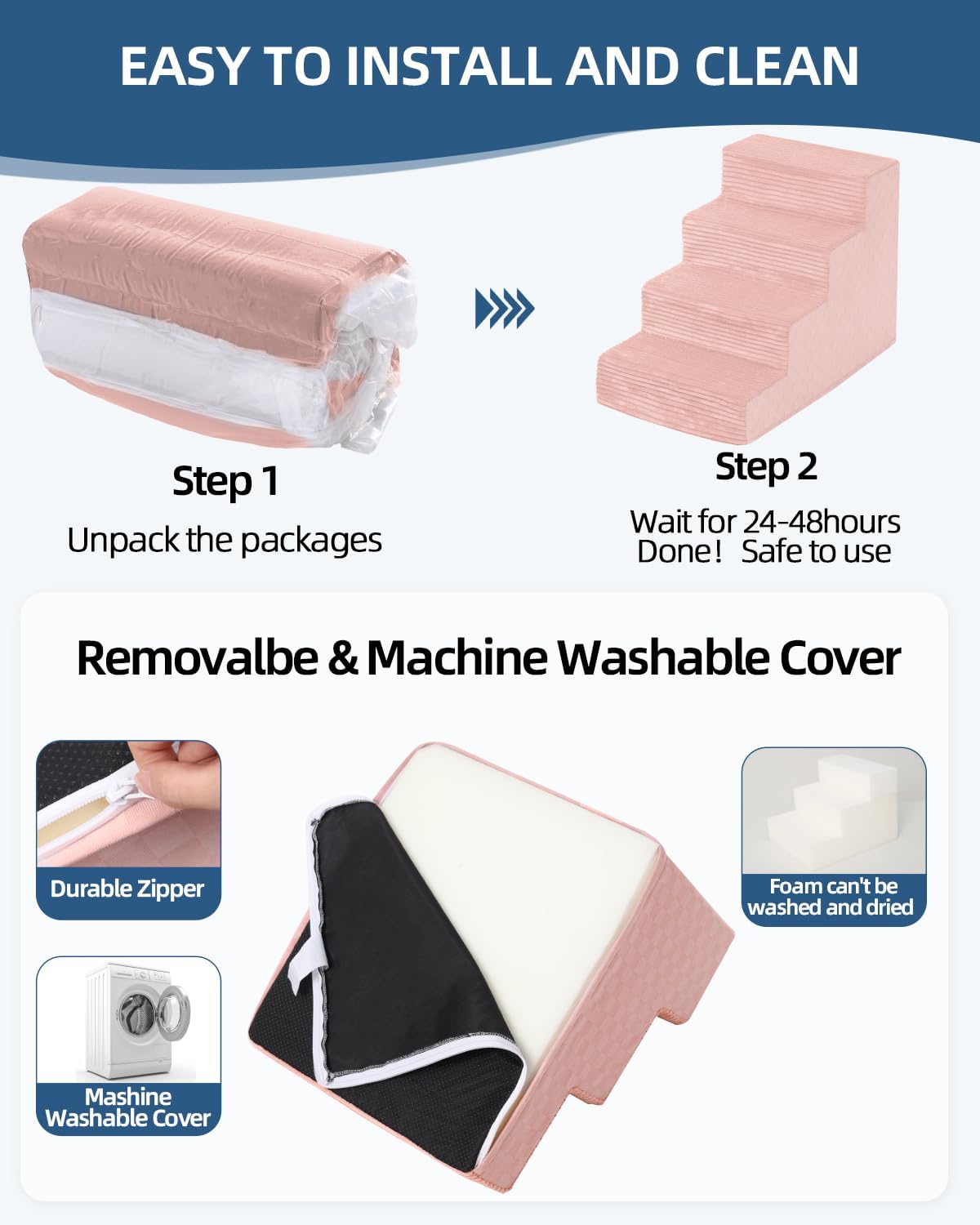 Dog Stairs for Small Dogs,17.5" H,4-Step Dog Steps for Bed and Couch with High Density Foam,Non-Slip Pet Steps for Doggy and Cat,Pet Stairs with a Washable Cover,Pink