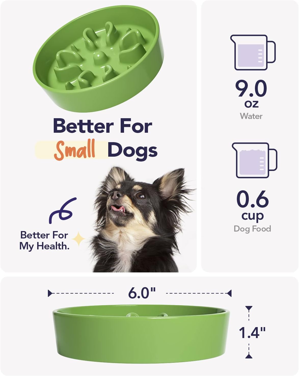 LE TAUCI Ceramic Slow Feeder Dog Bowls Small Breed, 0.6 Cups Dog Food Dish for Fast Eaters, Puzzle Bowl for Small Dogs and Cats,Clover Green