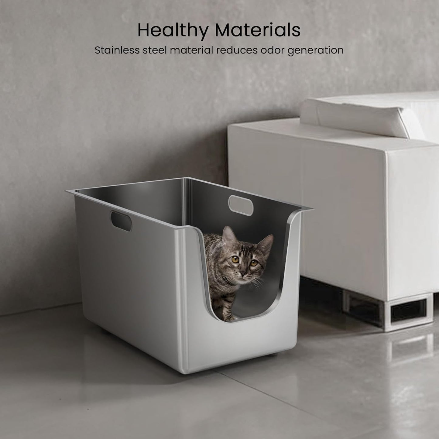 Stainless Steel Litter Box 13.7'' High Sides, XL Metal Cat Litter Box with Curved Low Entry, Cat Litter Pan for Big & Multiple Cats, Pet Toliet with Handy Wheels for Easy Moving