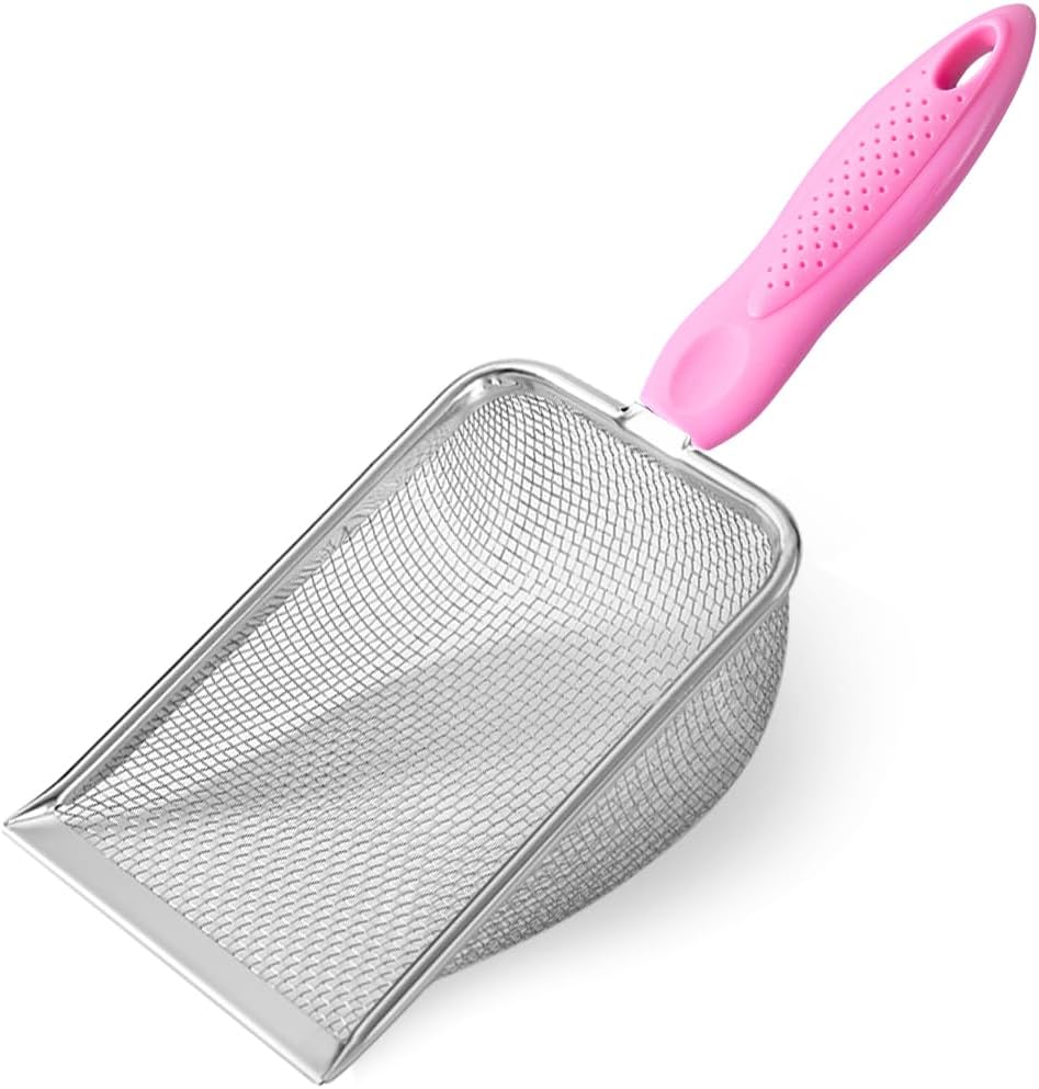 Cat Litter Scoop,Sturdy Litter Cleaner Corner Shovel,2Pcs Stainless Steel Mesh Litter Shovel,Easy to Clean Reptile Terrarium Sand Waste,Beach Shovel(Pink)