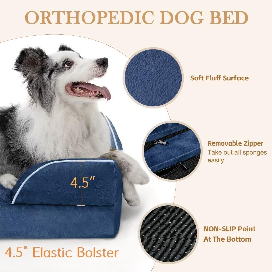 Comfort Expression Large Dog Beds, Waterproof Dog Beds Orthopedic Foam, Dogs Sofa Comfy Pet Beds with Washable Removable Cover & Non-Slip Bottom(Large,Navy Blue)