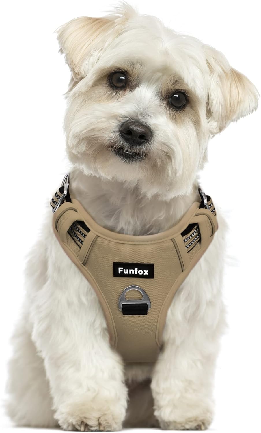 Funfox Dog Harness No Pull, Adjustable Pet Vest Harness, Super Soft Material with Vertical Handle Easy Control, Reflective Night Walking, 2 Leash Clips for Small Sized Dogs, Brown, S