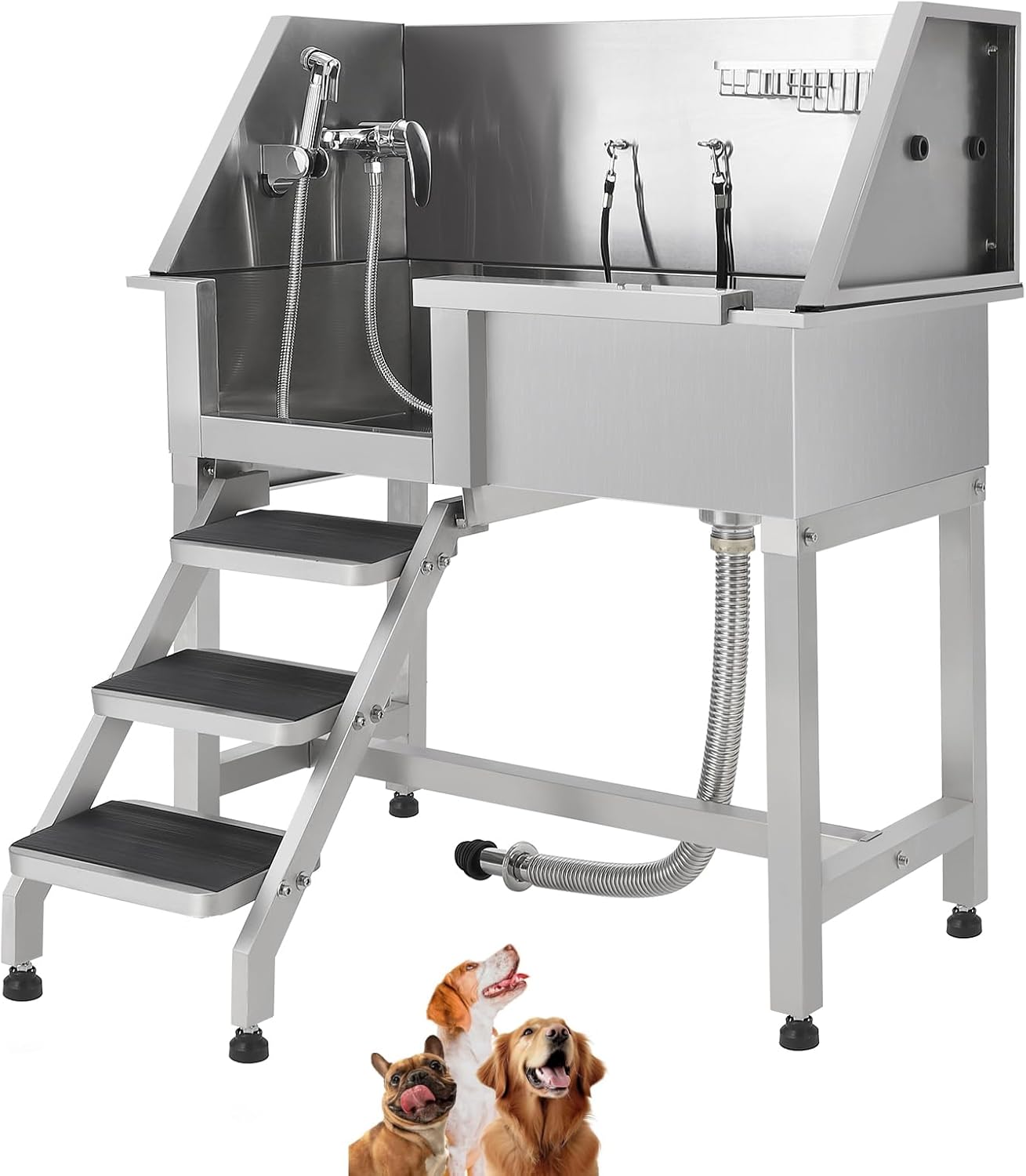 Stainless Steel Dog Washing Station - Dog Bath Tub for Large, Medium, Small Dogs, Pet Grooming Tub with Ramp, Non-Slip Grate, Shower, Soap Box, Faucet, Drain for Home & Outdoor （Left RAMP, 62"）