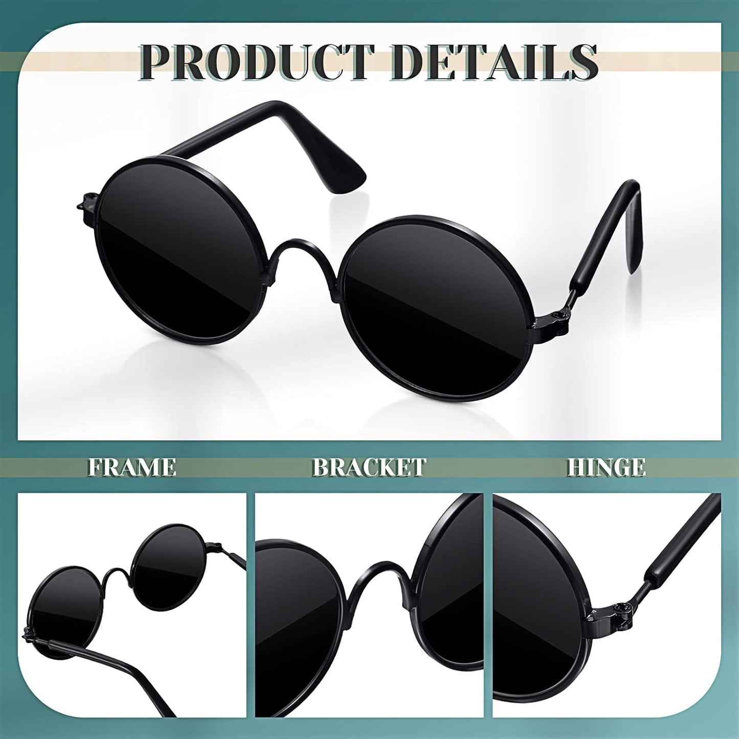 Dog Sunglasses Retro Pet Glasses Doll Glasses Classic Round Dog Glasses Metal Cat Puppy Eye Wear Hippie Costumes for Cats and Dogs, Photos Props Cosplay Party Costume (Black, Classic Style)