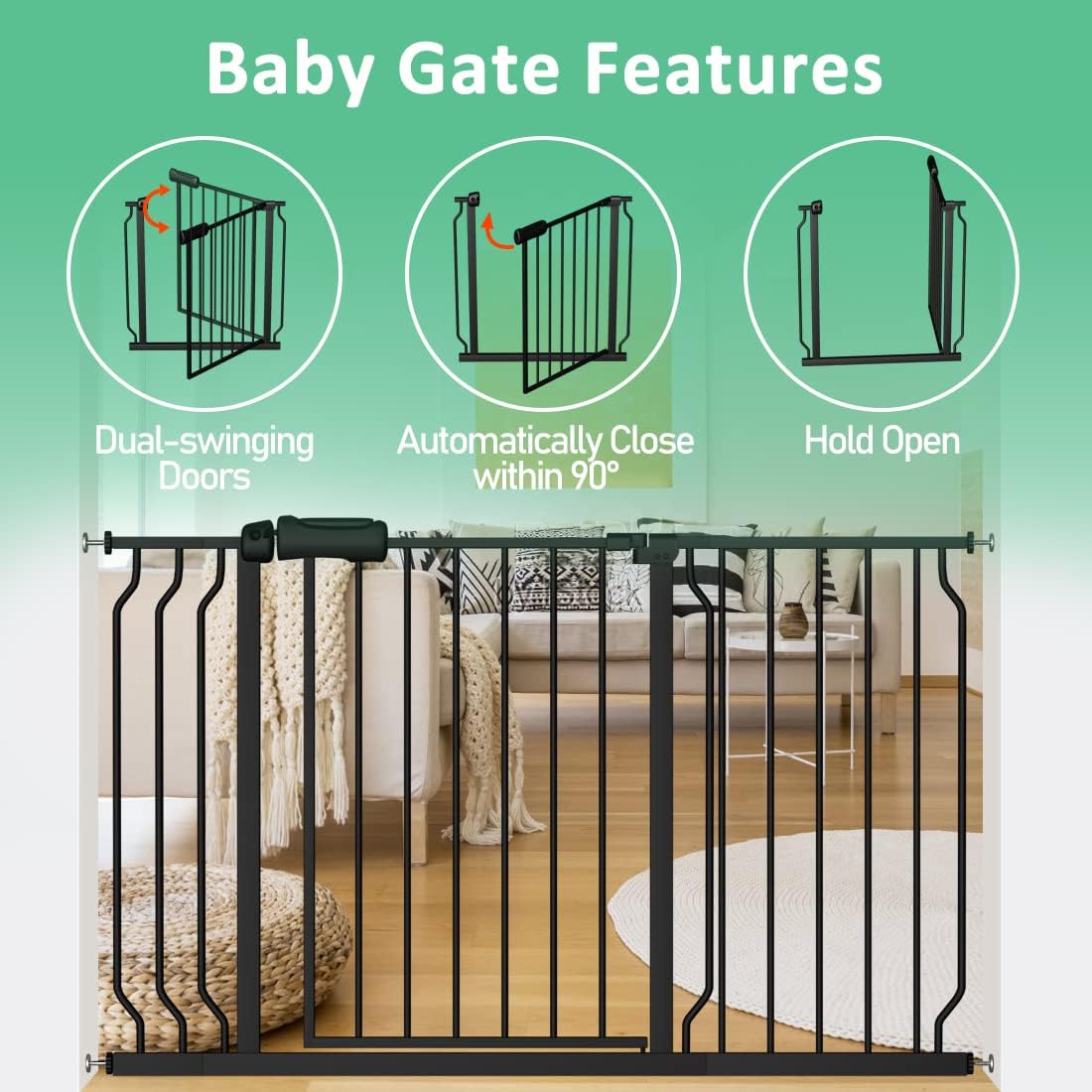 ALLAIBB Extra Wide Pressure Mounted Baby Gate Walk Through Child Kids Safety Toddler Tension Black Long Large Pet Dog Gates with Extension for doorways Kitchen (52.76-62.2"/134-158cm, Black)