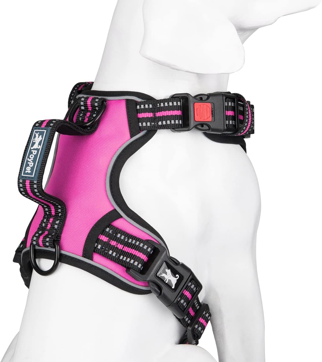 PoyPet No Pull Dog Harness, No Choke Front Clip Reflective Dog Vest with Soft Padded Vertical Handle, 3 Leash Attachments for Small Medium Large Dogs (Pink,L)