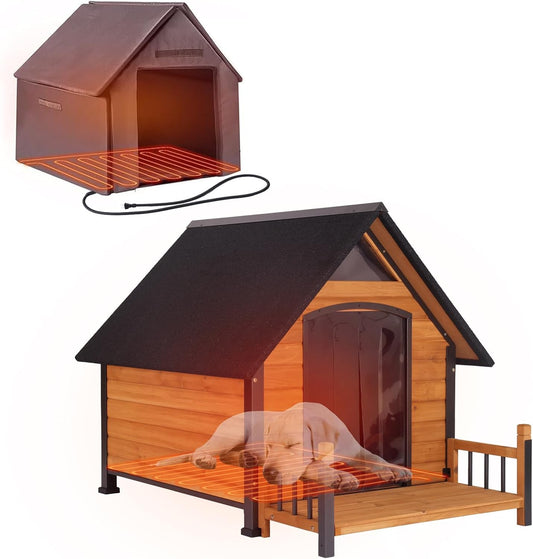 Heated Dog House Outdoor with Insulated Liner in Winter, Weatherproof Puppy Kennel with Anti-Chewing Metal Frame, Dog Shelter for Large, Medium and Small Dogs (Brown, 50.9'' Large)