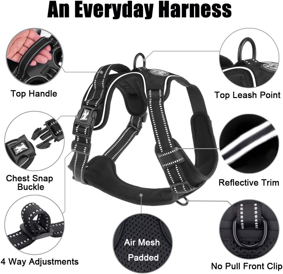 PoyPet No Pull Dog Harness, Reflective Comfortable Vest Harness with Front & Back 2 Leash Attachments and Easy Control Handle Adjustable Soft Padded Pet Vest for Small to Large Dogs (Black,XL)