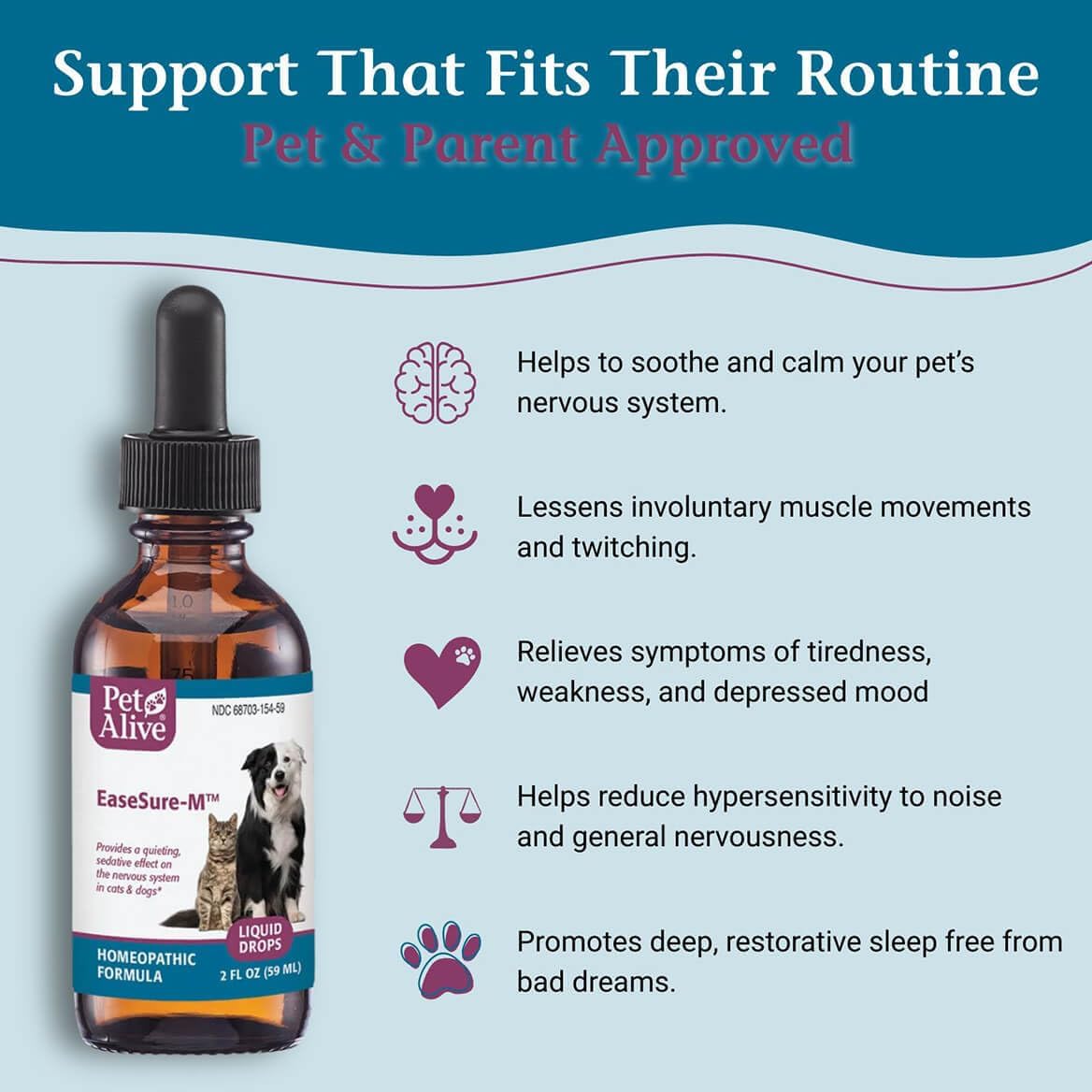 PetAlive EaseSure-M Calming Drops for Dogs and Cats – Natural Homeopathic Care for Nervous System Health – Supports Everyday Comfort, Reduced Muscle Twitching, and Quiet Relaxation – 59 mL Liquid