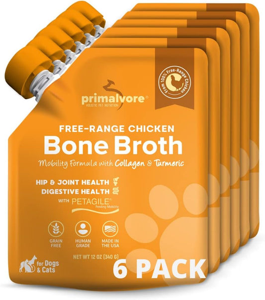 Primalvore Free-Range Bone Broth for Dogs &Cats, Mobility Formula w/Collagen Peptides to Help Support Hip & Joints, Digestion, Skin & Coat and Hydration, Human Grade, Made in USA. Chicken 6 Pack