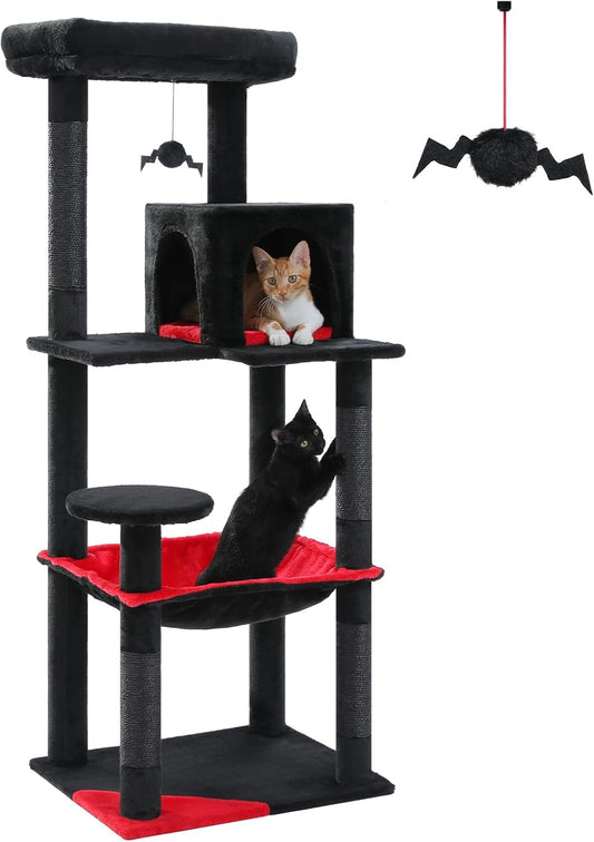 PETEPELA 56.3" Gothic Cat Tree for Indoor Cats, Tall Cat Tower with Super Large Hammock (20"X16"), Sisal Covered Scratching Posts, Cozy Condo and Top Perch Black