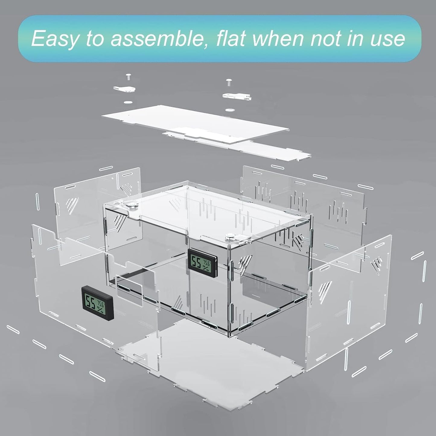 Reptile Terrariums, with Temperature Hygrometer, 15.7"x9.9"x7.1"Acrylic Reptile Breeding Box Terrarium Cage Tank for Small Reptile Insect Home Office