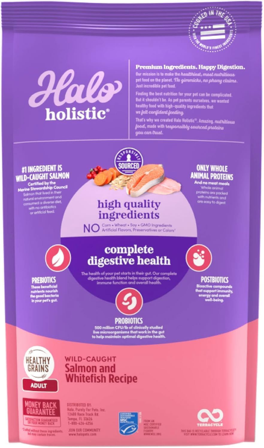 Halo Holistic Cat Food Wild Caught Salmon & Whitefish Formula, Healthy Grains Dry Cat Food, Complete Digestive Health, Kibble for Adult Cats, 6 lb Bag