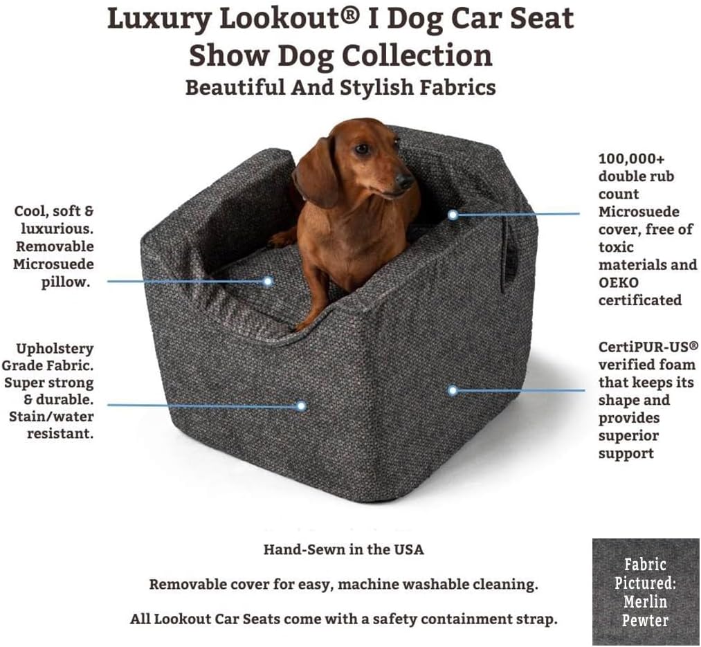 Snoozer Dog Car Seat: Lookout I Dog Booster Car Seat for Dogs Small 5-15 lbs, Size: Small, Fabric: Merlin Linen, Pet Car Seat to Alleviate Car Sickness for Dogs, Removable Machine Washable Cover