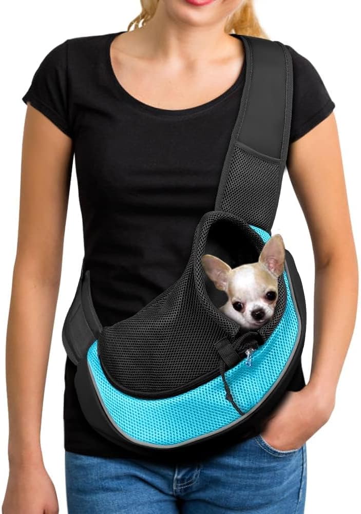 YUDODO Pet Sling Carrier for Small Dogs & Cats – Hands-Free Puppy Carrier with Safety Hook, Large Zipper Pocket, Soft Breathable Mesh, Adjustable Strap & Reflective Strip (Cyan 2.0 S)
