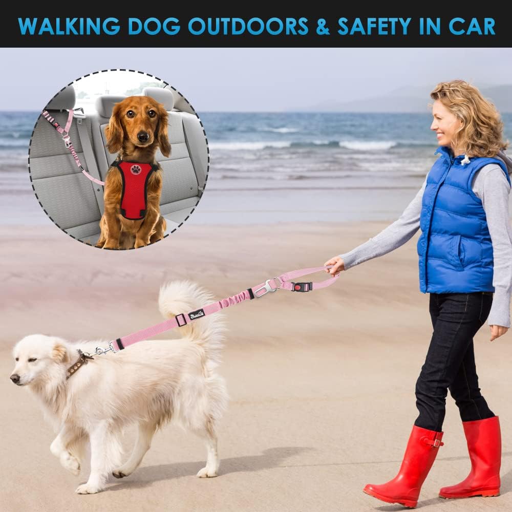 SlowTon Dog Seat Belt for Car, 2 Pack Dog Car Harness Seatbelt Adjustable with Elastic Bungee Buffer, 2 in 1 Pet Car Leash Headrest Restraint Dog Reflective Safety Tether (Pink, Headrest+Clip)