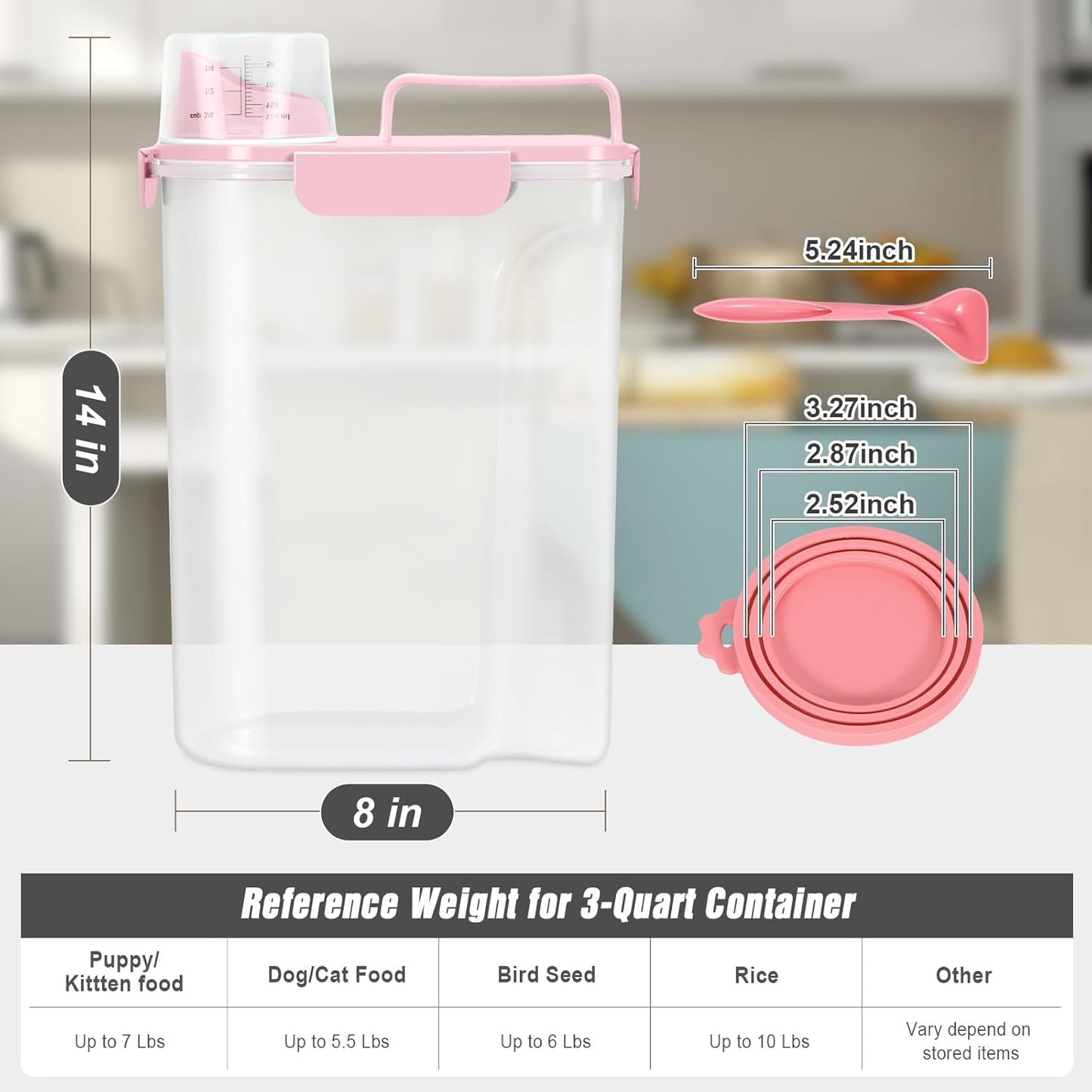 Pet Dog Cat Food Storage Container 5 to 7 lbs with Can Cover and Mixing Spoon, Airtight Pet Food Storage Dispenser with Large Spout & Measuring Cup for Kibble Dog Treat Bird Seed Container -Pink