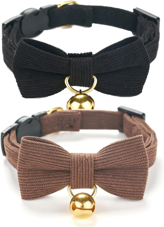 2 Pack Soft Corduroy Cat Collars with Bow Tie & Bell, Adjustable Breakaway Cotton Kitty Bowtie Collar for Male Boy Cats (Black & Brown)
