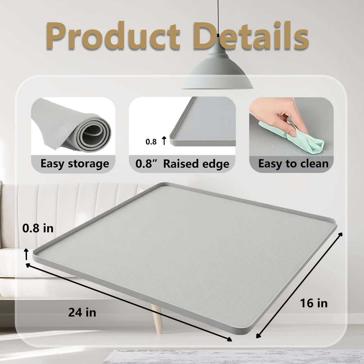 Waterproof Silicone Mat with Raised Edges 24x16 Inch, Water Cooler Mat & Countertop Protector for Hardwood Floors, Non-Slip Kitchen Appliance Pad for Pets Cats Dogs Feeding Bowls, Easy to Clean (Gray）