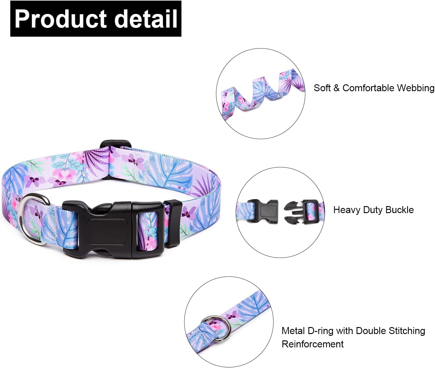 Mercano Adjustable Dog Collar - Special Design Patterns, Soft Nylon Comfortable Durable Pet Collar for Small Medium Large Dogs (L, Floral Purple)