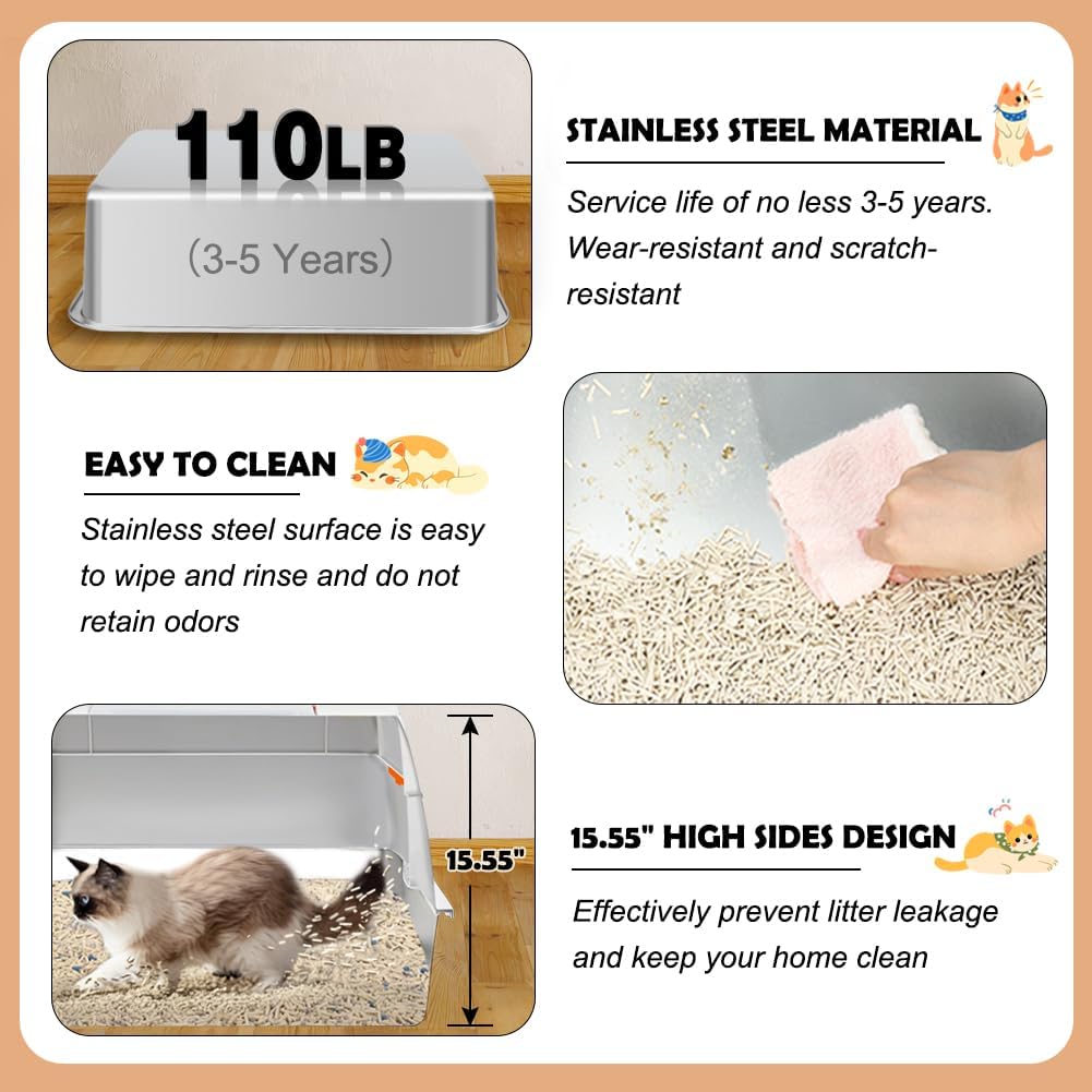 Vivifying Stainless Steel Litter Box with Lid, XL Side Entry Extra Large Litter Box for Big Cats & Kitty, Removable Enclosed Metal Cat Pan with High Sided Enclosure, Scoop, Mat, Footboard (Beige)