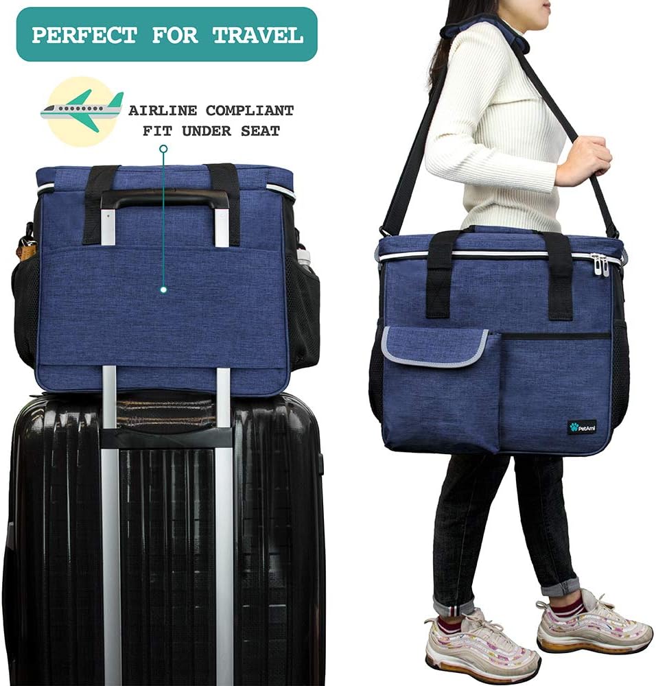 PetAmi Dog Travel Bag - Travel Pet Organizer with Food Container and Bowls, Perfect for Weekend Camping, Navy, Large