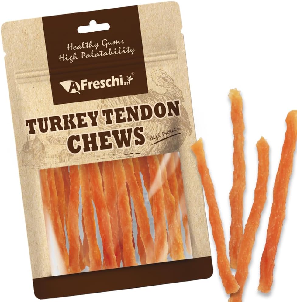 AFreschi Turkey Tendons for Dogs, USA-Sourced, Healthy Dog Treats, Rawhide-Free Puppy Chews, All Natural, Hypoallergenic Dog Treats, Classic Series, Soft Strips with Pumpkin, 3.5 oz Pack