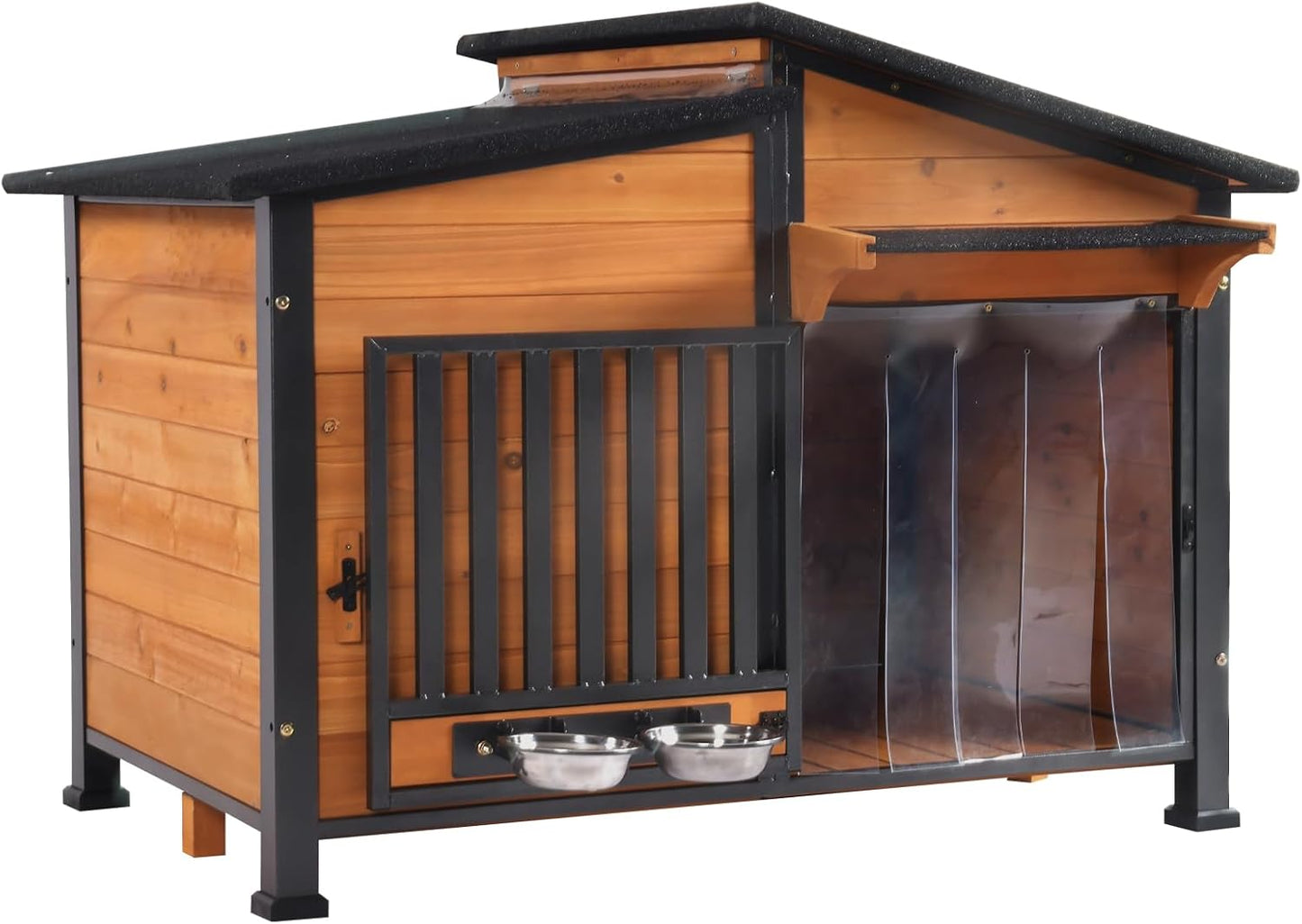 GUTINNEEN Dog House Outdoor Dog Kennel with Chew-Proof Metal Frame, Rotating Food Bowl, PVC Door Curtain, Weatherproof for Small Medium Dogs, 39.7" L x 25.5" W x 32.2" H (Dark Brown)