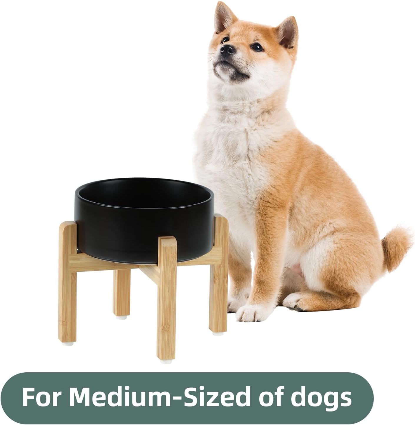 Ceramic Raised Dog Bowl Set, Elevated Dog Bowl with Stand, Food and Water Bowl for Medium Breed Dogs, Weighted Dog Dishes, Pet Bowl(7.3'',41OZ, Black)