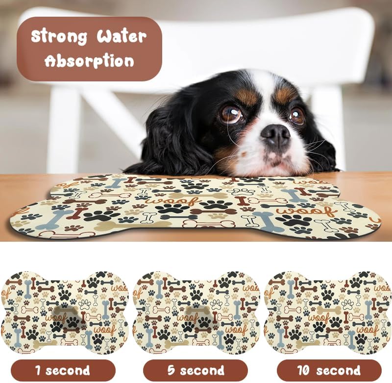 Dog Food Mats for Floors Waterproof, Pet Feeding Absorbent Water Bowl Mat Cat Placemats Beige Bone Shape 19 * 12 inch