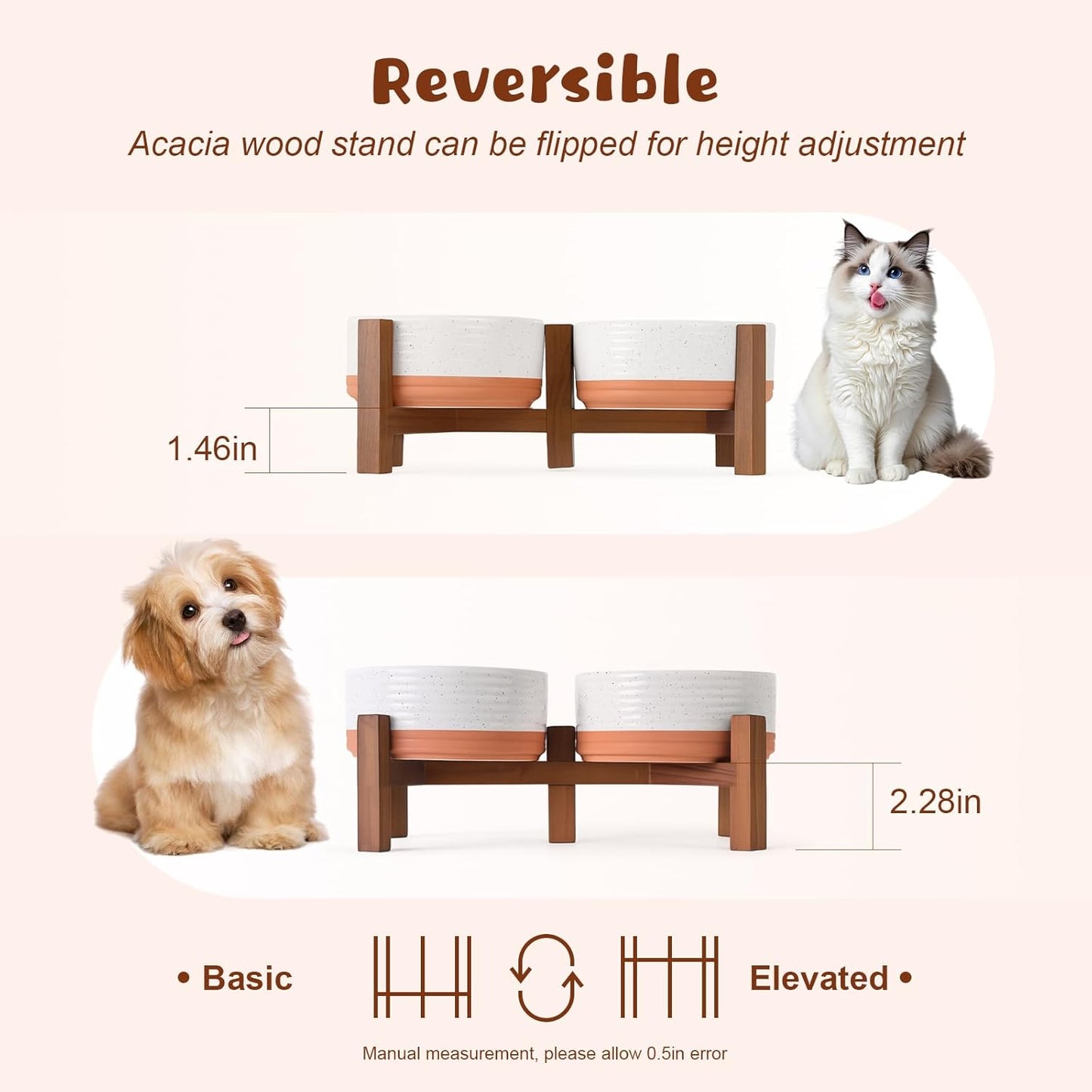 SPUNKYJUNKY Ceramic Elevated Dog Bowl Set with Acacia Wood Stand for Food and Water for Cat and Small Dog (13.52 OZ, White and Reddish Brown)