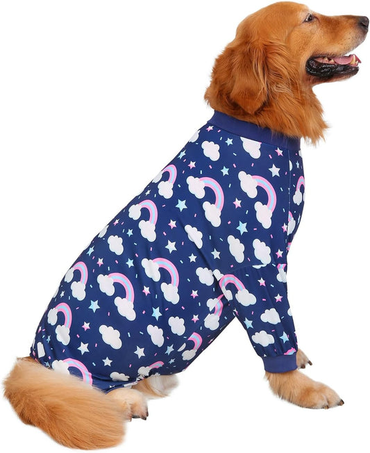 HDE Dog Pajamas One Piece Jammies Jumpsuit Pet Clothes Outfit Stretchy Lightweight Comfy Shirt Pjs for M-3XL Dogs Rainbows - XL