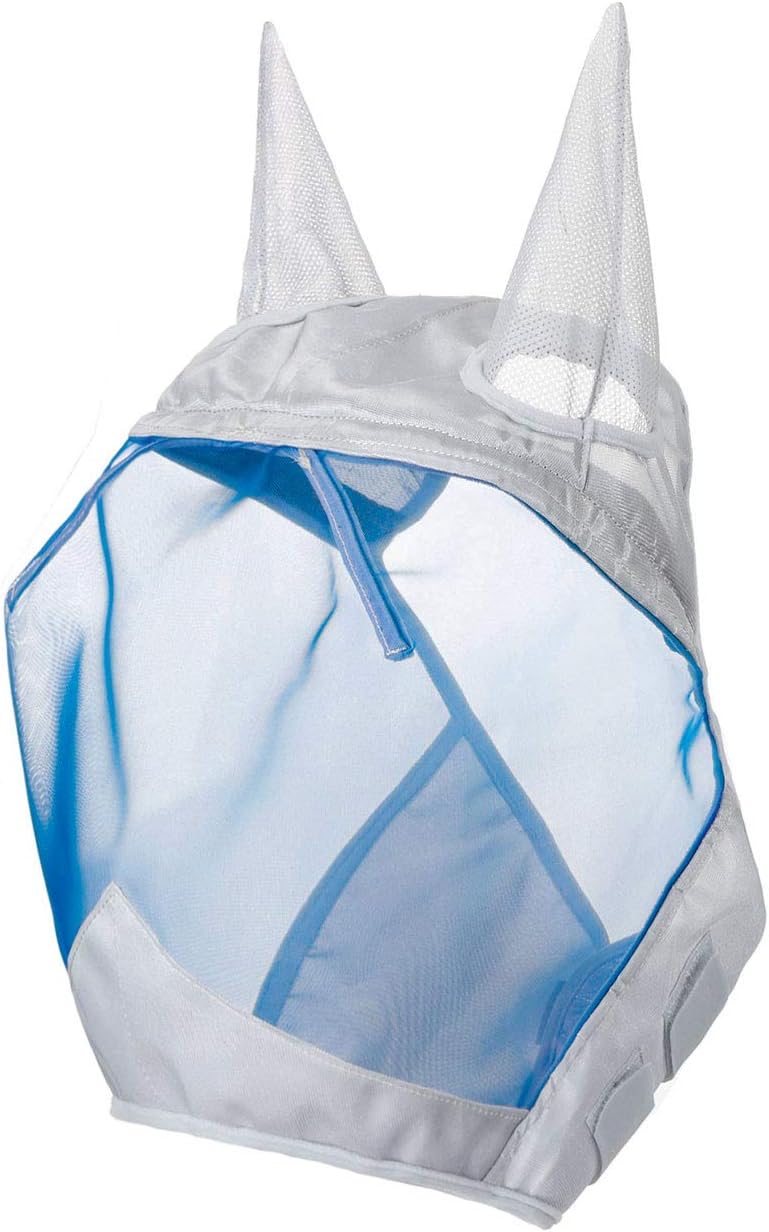 Harrison Howard CareMaster Horse Fly Mask Half Face with Ears Silver/Blue Retro Medium Cob
