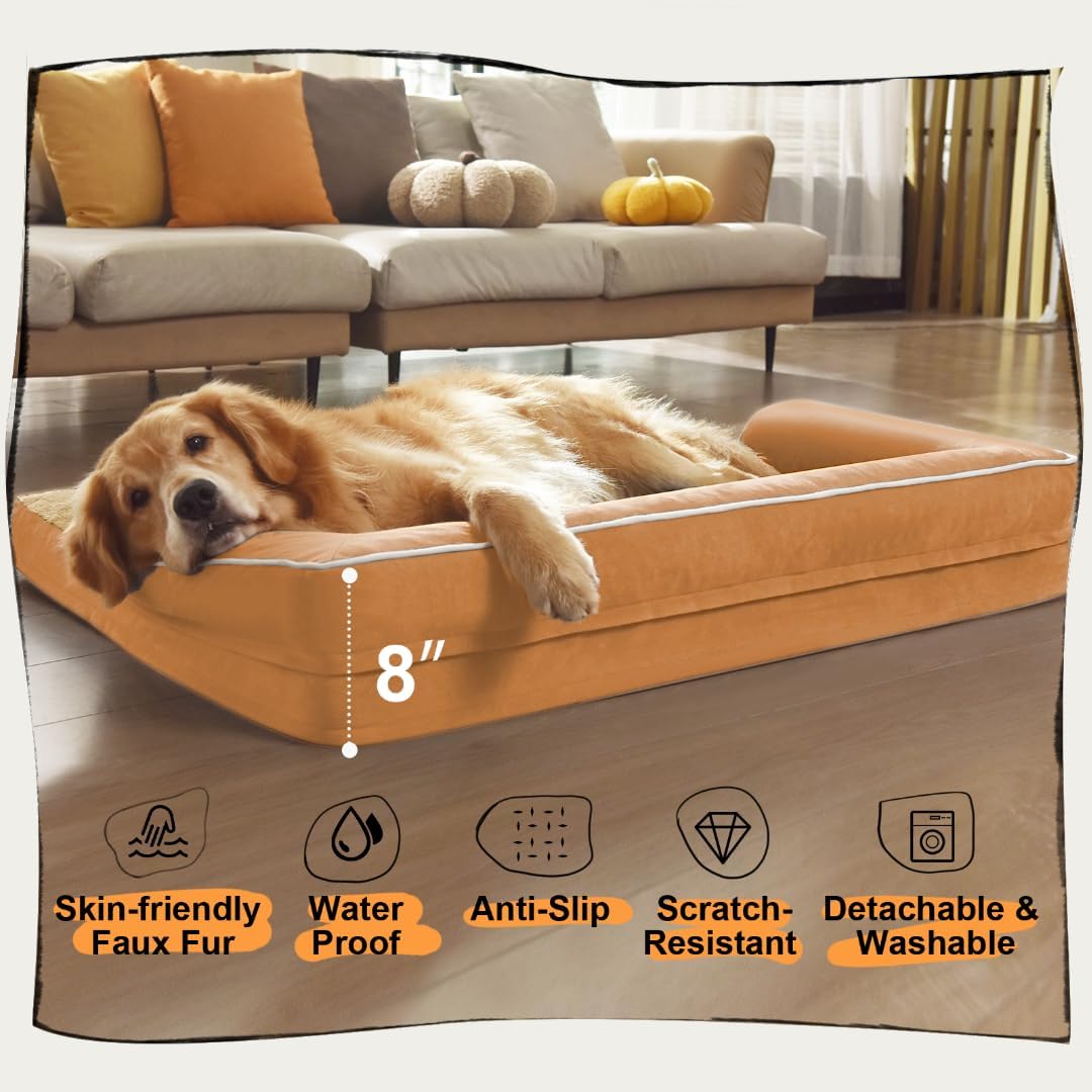 Large Dog Bed Orthopedic Washable, Dog Beds for Large Dogs, Washable Cover Removable Bolster and Non-Slip Bottom Jumbo Orthopedic Orange Dogs Beds, XXLarge Extra Large Pets